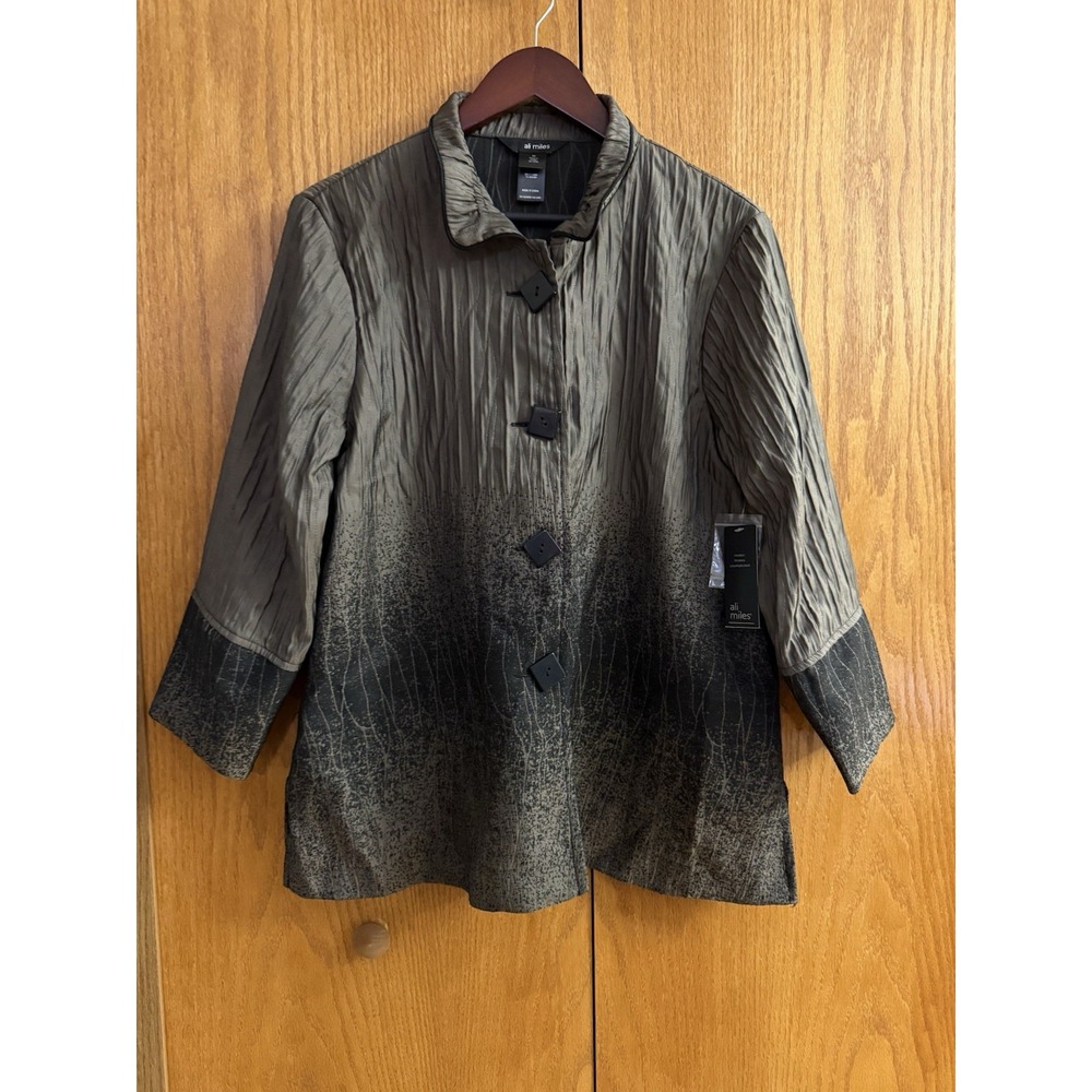 ALI‎ MILES Wms M Jacket Brown Beige Crinkle Textured 3/4 Sleeve Button Front NWT
